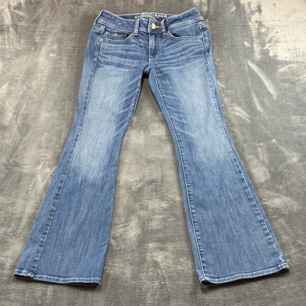 American‎ Eagle Kick Boot Super Stretch Jeans Medium Wash Womens 2 S Low Rise